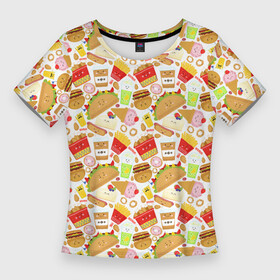 Женская футболка 3D Slim с принтом Продукты Питания в Петрозаводске,  |  | burger | cheeseburger | fast food | hamburger | hot dog | pizza | блюдо | бургер | быстрое питание | гамбургер | еда | жратва | завтрак | закуска | картошка фри | корм | кушанье | макдоналдс | обед | перекус | пицца | пища | повар