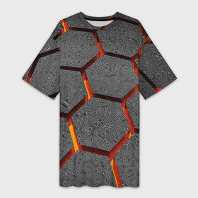 Платье-футболка 3D с принтом Раскаленный асфальт в Петрозаводске,  |  | абстрактные | асфальт | горячее | катастрофа | лава | магма | неоновые | соты | ячейки