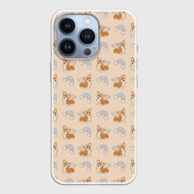 Чехол для iPhone 13 Pro с принтом Корги   единороги паттерн в Петрозаводске,  |  | вельш корги | домашние животные | единороги | корги | охра | паттерн | песочный | питомцы | радуга | собаки
