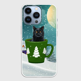 Чехол для iPhone 13 Pro с принтом Черный кот в кружке в Петрозаводске,  |  | зима | кот | котенок | котик | котики | кошка | новогодняя | новый год | рождество | тепло