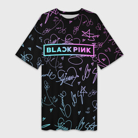 Платье-футболка 3D с принтом NEON BLACKPINK АВТОГРАФЫ в Петрозаводске,  |  | black  pink | blackpink | ddudu ddudu | jennie | jisoo | kpop | lalisa | lisa | neon | rose | блекпинк | группа | ддуду ддуду | дженни | джису | корейская группа | кпоп | лисы | неон | розовый | розэ | черный