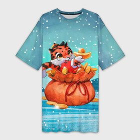 Платье-футболка 3D с принтом Тигренок с мешком денег в Петрозаводске,  |  | 2022 | год тигра | новый год | новый год 2022 | символ года | тигр | тигренок | тигрица | тигры