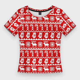 Женская футболка 3D Slim с принтом Новогодний принт с оленями, снежинками, варежками и леденцами в Петрозаводске,  |  | Тематика изображения на принте: варежки | зима | зимний | красный | леденцы | новогодний | новый год | олени | орнамент | снежинки | узор