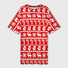 Платье-футболка 3D с принтом Новогодний принт с оленями, снежинками, варежками и леденцами в Петрозаводске,  |  | варежки | зима | зимний | красный | леденцы | новогодний | новый год | олени | орнамент | снежинки | узор