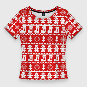 Женская футболка 3D Slim с принтом Новогодний принт с пряничными человечками, елками и снежинками в Петрозаводске,  |  | елки | зима | зимний | красный | новогодний | новый год | носки | орнамент | пряник | пряничный | снежинки | узор | человечек