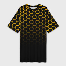 Платье-футболка 3D с принтом Неоновая кольчуга  Gold neon в Петрозаводске,  |  | geometry | gold | neon | геометрия | железный | желтый | золотая | золото | кольчуга | мед | медовый | неон | неоновый | половина | пчела | соты | черный