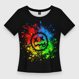 Женская футболка 3D Slim с принтом Smile  Неоновый смайлик в Петрозаводске,  |  | smile | глаза | желтый | зеленый | краски | красный | красочный | крест | круг | ляпки | неон | неоновый | огонь | радужный | разноцветный | синий | смайл | смайлик | улыбка | черный | язык