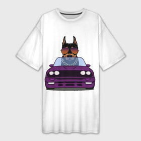 Платье-футболка 3D с принтом Собака за рулем в Петрозаводске,  |  | водитель | гонка | дорога | крутой | машина | очки | прикольные | собака | собака за рулем | фиолетовый