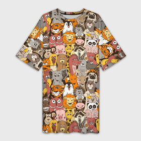 Платье-футболка 3D с принтом Зоопарк (разные звери) в Петрозаводске,  |  | animals | safari | zoo | дикая природа | дикие животные | животные | жираф | звери | зебра | зоопарк | лев | сафари | следы от лап | слон