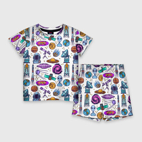 Детский костюм с шортами 3D с принтом космическая графика в Петрозаводске,  |  | cosmos | астрономия | вселенная | галактика | звезды | инопланетяне | космос | нло