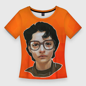 Женская футболка 3D Slim с принтом Финн Вулфхард на оранжевом фоне в Петрозаводске,  |  | finn wolfhard | актер | брюнет | красивый парень | очень странные дела | финн вулфхард