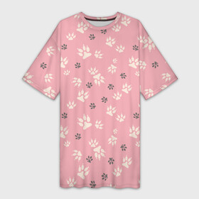 Платье-футболка 3D с принтом Розовый принт лапки в Петрозаводске,  |  | заводчик | лапки | питомник собак | следы | собака | собачьи следы