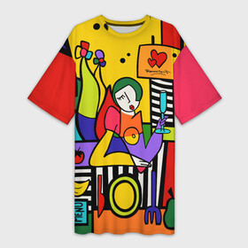 Платье-футболка 3D с принтом Girl with a glass в Петрозаводске,  |  | brazilian artist | bright colors | cubism | emoji | graffiti | heart | pop art | romero britto | бразильский художник | граффити | девушка с бакалом | день святого валентина | кубизм | любовь | ромеро бритто 