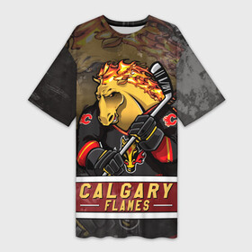 Платье-футболка 3D с принтом Калгари Флэймз, Calgary Flames Маскот в Петрозаводске,  |  | calgary | calgary flames | flames | hockey | nhl | usa | калгари | калгари флэймз | маскот | нхл | спорт | сша | флэймз | хоккей | шайба