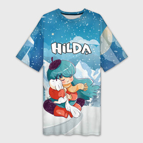 Платье-футболка 3D с принтом Хильда обнимает лисенка мультсериал в Петрозаводске,  |  | hilda | netflix | глушь | мультик | мультсериал | мультфильм | нетфликс | синеволосая | синие волосы | хильда
