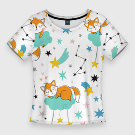 Женская футболка 3D Slim с принтом Спящие лисята в Петрозаводске,  |  | doodle | fox | little fox | дудл | звездочки | звезды | лис | лисенок | лисенок на облаке | лисята | милое создание | рисунок лисы | рыжая лиса | спящий лис