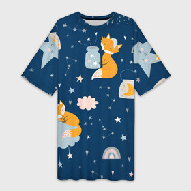 Платье-футболка 3D с принтом Спящий лисенок sleeping fox в Петрозаводске,  |  | doodle | dream fox | fox | sleeping fox | дудл | звездочка | звезды | лис | лисенок | лисята | сон | спящие зверята | спящий лисенок