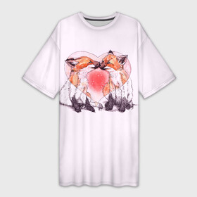 Платье-футболка 3D с принтом Лисья Любовь (Влюблённые) в Петрозаводске,  |  | 14 февраля | 8 марта | fox | i love you | love is | валентин | день святого | животные | игрушка | лиса | любовь | надпись | парные | поцелуй | сердечки | сердце | текст | химия | я тебя люблю