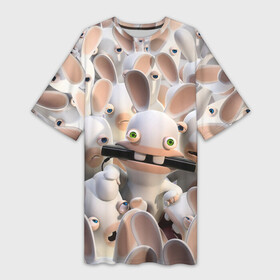Платье-футболка 3D с принтом Куча бешеных кроликов в Петрозаводске,  |  | animals | cartoons | games | netflix | rabbit | raving rabbids | ubisoft | бешеные кролики | животные | игры | мультики | нетфликс | юбисофт