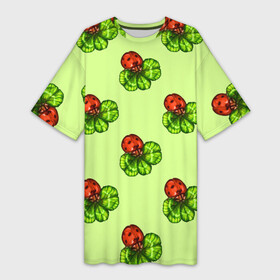 Платье-футболка 3D с принтом Божья коровка и клевер на зеленом. в Петрозаводске,  |  | 4 х листник | green | ladybird | ladybug | акварель | божьи коровки | божья коровка | зеленый | клевер | насекомое | насекомые | примета | символ счастья | удача | четырехлистник