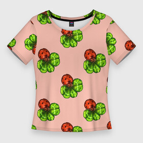 Женская футболка 3D Slim с принтом Божья коровка и клевер на розовом. в Петрозаводске,  |  | 4х листник | ladybug | божьи коровки | божья коровка | клевер | на счастье | на удачу | насекомое | насекомые | паттерн | розовый | символ счастья | символы удачи | четырехлистник