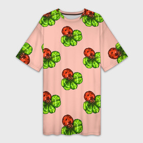 Платье-футболка 3D с принтом Божья коровка и клевер на розовом. в Петрозаводске,  |  | Тематика изображения на принте: 4х листник | ladybug | божьи коровки | божья коровка | клевер | на счастье | на удачу | насекомое | насекомые | паттерн | розовый | символ счастья | символы удачи | четырехлистник