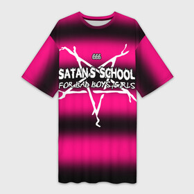 Платье-футболка 3D с принтом Satan school for bad boys and girls pink в Петрозаводске,  |  | bad boy | bad girls | satan | school | гот | готика | готы | дьябло | пентограмма | сатана | стиль | школа | эмо