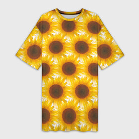 Платье-футболка 3D с принтом Желтые подсолнухи паттерн в Петрозаводске,  |  | желтые | листья | подсолнухи | поле | семена | семечки | солнце