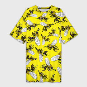 Платье-футболка 3D с принтом Пчелы на желтом в Петрозаводске,  |  | bee | honey | insect | nature | spring | summer | sunny | yellow | весно | желтый узор | жук | крылья | лето | мед | много насекомых | насекомые | оса | пасечник | природа | пчела | пчелиный рой | пчелка | пчеловод | пчелы | рой пчел