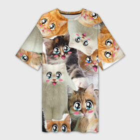 Платье-футболка 3D с принтом Много кошек с большими анимэ глазами в Петрозаводске,  |  | Тематика изображения на принте: глаза анимэ кошки | глаза мультяшные | киса | киска | кисуля | кисуня | кот | котейка | котик | коты | кошек | кошка | много | с анимэ глазами