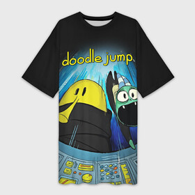 Платье-футболка 3D с принтом Doodle in spaceship в Петрозаводске,  |  | doodle | doodle jump | game | jump | видеоигра | дудлик | игра | игры | каракуля | мобилка | мобильная игра | платформер
