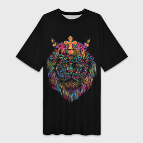Платье-футболка 3D с принтом Неоновый королевский лев в Петрозаводске,  |  | арт | дикий зверь | дикое животное | животное | зверь | король | корона | краска | лев | мазки | мазки краски | мозаика | рисунок