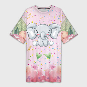 Платье-футболка 3D с принтом слоних в конфетти в Петрозаводске,  |  | клон | конфетти | праздник | слон | слоненок | слоник