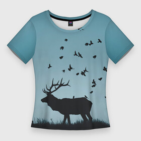 Женская футболка 3D Slim с принтом Северный Олень  Reindeer в Петрозаводске,  |  | весна | весну | голубая | контур | лес | лето | минимализм | на каждый день | образ | очертание | пейзаж | птицы | птички | рисунок | силуэт северного оленя | тайга | тень | фигура | черная | черный