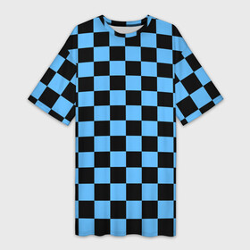 Платье-футболка 3D с принтом Шахматная доска  Синяя в Петрозаводске,  |  | в клетку | квадрат | квадратики | синий | шахматный принт | шахматы | шашки