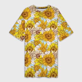 Платье-футболка 3D с принтом Желтые подсолнухи  паттерн в Петрозаводске,  |  | желтые подсолнухи | лето | подсолнухи | поле | семена | семечки | цветы