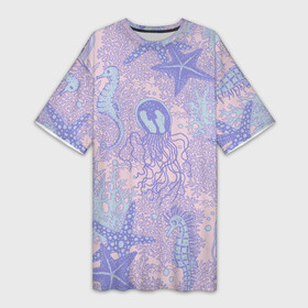 Платье-футболка 3D с принтом Морские коньки и медузы в Петрозаводске,  |  | Тематика изображения на принте: коралл | медуза | море | морская звезда | морской | морской конек | на дне | океан | под водой | подводный | розовый | сиреневый