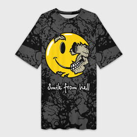 Платье-футболка 3D с принтом Smile from hell в Петрозаводске,  |  | death | from hell | skull | smile | smiley torn | из ада | смайлик разорванный | улыбка | череп