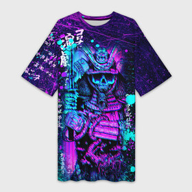 Платье-футболка 3D с принтом Неоновый Японский Самурай  Neon Samurai Skull в Петрозаводске,  |  | anime | grunge | neon | samurai | skulls | боевые | брызги | гранж | иероглифы | искусства | краски | надпись | неоновый | полосы | потертости | скелет | черепа