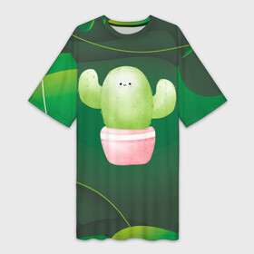 Платье-футболка 3D с принтом Зеленый милый кактус в Петрозаводске,  |  | зелень | кактус | кактусенок | колючий | колючки | цветок