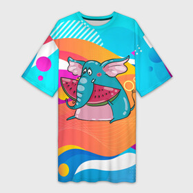 Платье-футболка 3D с принтом Слон ест арбуз в Петрозаводске,  |  | арбуз | лето | слон | слоненок | слоник