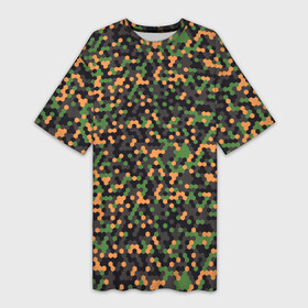Платье-футболка 3D с принтом Абстрактный геометрический оранжевый черный и зеленый гексагональной военный камуфляж в Петрозаводске,  |  | abstraction | camouflage | military | абстракция | армия | боец | военный камуфляж | воин | война | геомет | идеализация | камуфляж | маскировка | масхалат | математика | милитари | охота | охрана | пиксели
