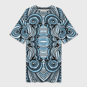 Платье-футболка 3D с принтом Абстрактный узор в дудл стиле. Рисунок от руки. Линии, волны, полосы. Синий, голубой, черный, серый и белый цвета. в Петрозаводске,  |  | Тематика изображения на принте: абстрактный | абстракция | волнистый | волны | дудл | дудлинг | индейский | линер | линии | мексиканский | национальный | перуанский | полосатый | полосы | разноцветный | рисунок от руки | серый