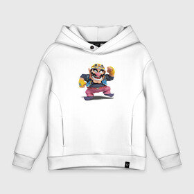 Детское худи Oversize хлопок с принтом Wario   Super Mario в Петрозаводске, френч-терри — 70% хлопок, 30% полиэстер. Мягкий теплый начес внутри —100% хлопок | боковые карманы, эластичные манжеты и нижняя кромка, капюшон на магнитной кнопке | Тематика изображения на принте: belt | helmet | hero | jaw | super mario | teeth | video game | wario | варио | видеоигра | герой | зубы | очки | пасть | ремень | супер марио | шлем