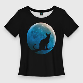 Женская футболка 3D Slim с принтом Силуэт кота на фоне синей луны в Петрозаводске,  |  | background | blue | branch | cat | darkness | glow | kitten | moon | night | on | reflect | silhouette | sphinx | sunset | tree | ветка | дерево | закат | кот | кота | котенок | кошка | луна | луны | на | ночь | отблеск | сансет | свечение | силуэт | сине
