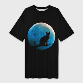 Платье-футболка 3D с принтом Силуэт кота на фоне синей луны в Петрозаводске,  |  | background | blue | branch | cat | darkness | glow | kitten | moon | night | on | reflect | silhouette | sphinx | sunset | tree | ветка | дерево | закат | кот | кота | котенок | кошка | луна | луны | на | ночь | отблеск | сансет | свечение | силуэт | сине