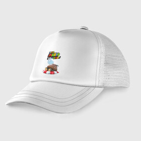 Детская кепка тракер с принтом Goomba   Super Mario 3D Land в Петрозаводске, Козырек - 100% хлопок. Кепка - 100% полиэстер, Задняя часть - сетка | универсальный размер, пластиковая застёжка | fangs | goomba | hero | mushroom | nintendo | super mario | video game | видеоигра | герой | гриб | гумба | клыки | персонаж | супер марио