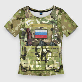 Женская футболка 3D Slim с принтом Бронежилет с боекомплектом в Петрозаводске,  |  | армия | боекомплект | бронежилет | камуфляж | магазин акм | солдатский | флаг россии | шеврон | штык нож