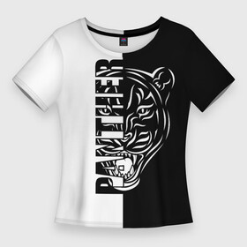 Женская футболка 3D Slim с принтом ПАНТЕРА (PANTHER) в Петрозаводске,  |  | animal | beast | black cat | cat | jaguar | leopard | panther | predator | predatory cat | wild cat | багира | джунгли | дикая кошка | животное | зверь | кот | леопард | пантера | хищная кошка | хищник | чёрная кошка | чёрно белое | ягуар