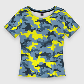 Женская футболка 3D Slim с принтом Камуфляж Жёлто Голубой в Петрозаводске,  |  | blue | camo | camouflage | yellow | жёлтый | камуфляж